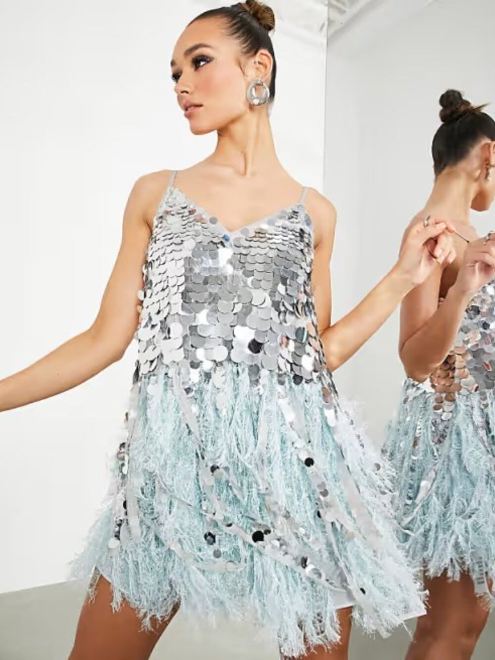ASOS EDITION Silver Sequin & Feather Mini Dress – US S/M